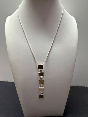 Silver-Tone Necklace With Earth Tone Modern Square Pendant Design Snake Chain Lo